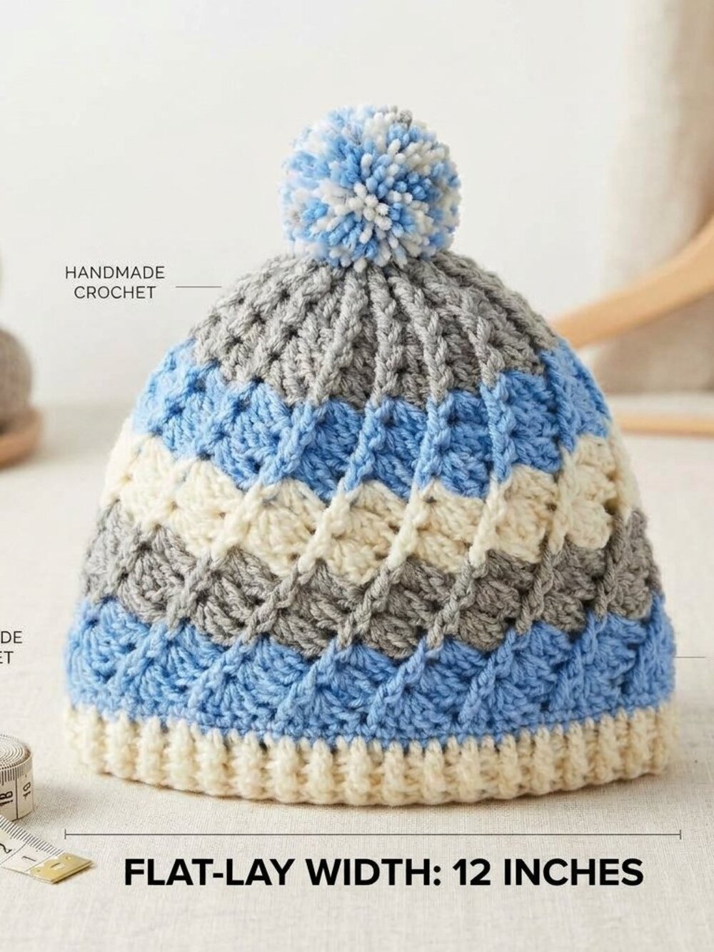 Handmade Crochet Pom Pom Beanie Hat Blue Grey Cream Stripe Winter Cap Cozy L